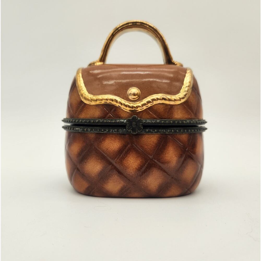 Large Ceramic & Metal Handbag Trinket Box Working Clasp Brown Gold Trim Gift